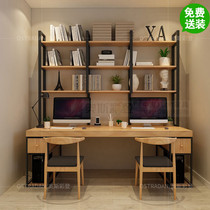 Solid wood double computer desk desktop couple home integrated long office desk bookshelf learning table bookcase combination