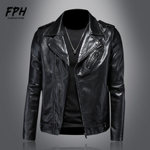 European Station zipped leather jacket 2022 new mens short Locomotive Leather Jacket Turnover Korean version Body Jacket Male Tide