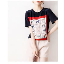 Japanese womens 19 spring summer pattern roulette Mars print front silk spell moisturizing comfortable round neck Teet shirt