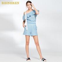 REINEREN all-match Ren Qian temperament light blue plaid embroidery ladies shorts designer style 2A