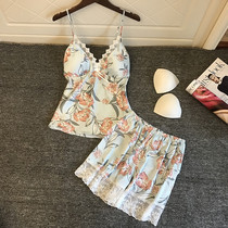 Japanese Pyjamas Womens Summer With Chest Cushion Ice Silk Hollowed-out Lace Shorts Thin sexy harness Sleeping dress Two sets