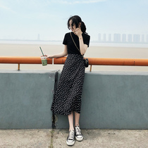 French niche vintage two-piece dress 2021 summer new black short sleeve chiffon polka spot skirt jumpsuit