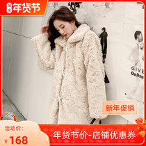 Korean version of loose wool plush fur coat female young new winter cute horn button coat imitation Rex rabbit long
