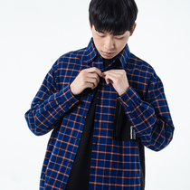 RunninWheel(RNWL)Drive wheel plaid shirt Mens and womens national tide pure cotton plaid shirt stitching shirt