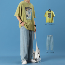 Summer short-sleeved mens Korean version of the trend handsome pure cotton t-shirt 2021 new summer dress with a set of clothes