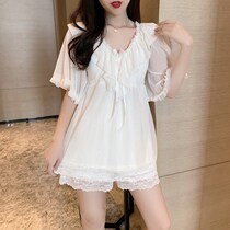 Lace pajamas womens summer 2020 new Korean version loose v-neck lace-up clothes casual shorts home clothes suit