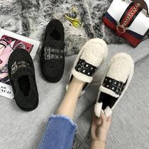 Chao brand autumn and winter New one-pedal lazy wool shoes womens cotton shoes thick bottom cake shoes large size plus cashmere Bean shoes