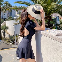2020 new one-piece covering meat with breast pad meat swimsuit female Japanese and Korean black sexy backless two-piece skirt swimsuit