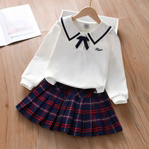 Girl Clothing Suit Academy Wind Pure Cotton 2022 New Baby Spring Clothing Spring Autumn Ocean Gas Baby Short Dress Two Sets