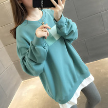 South Korean round neckline fake two-piece sweatshirt 2020 new womens spring autumn and thin section of loose Korean version with long blouses
