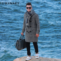 British trend hooded horn buckle wool coat men thick warm winter long men casual coat
