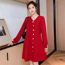 Pregnant Woman Spring Clothing Fashion Chili Medium Long Red Dress Dress 2022 New Ocean Gas Big Code Loose Pregnancy Skirt