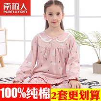 Antarctic girl pajamas spring and autumn cotton middle and big children little girl childrens home clothes cotton thin long sleeve suit