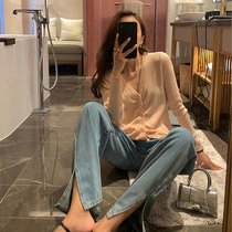 Pregnant womens autumn new slit jeans support belly straight mop pants spring and autumn thin loose black casual trousers