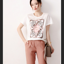 Japanese womens summer new comfortable front film silk vintage silk scarf printing small loose teetshirt women