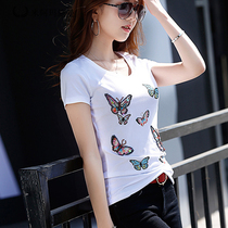 Mi Amarshman flagship store official website 2021 summer butterfly nail beads mercerized cotton short sleeve round collar heavy industry T-shirt female