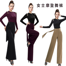 Latin dance pants womens pants modern dance pants womens new ballroom dance long pants national standard dance side belt ribbon high waist wide legs