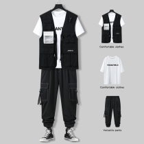 Summer mens tooling suit fashion trend brand Ruffian handsome casual mens suit with handsome functional style three-piece set