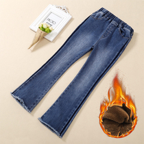Girls jeans 2021 new autumn and winter children plus velvet pants thickened outside wear slim foreign gas horn trousers
