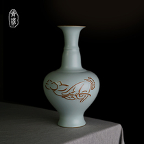 Green Light Ru Kiln Vase Swing Piece Flower Instrumental Home Living Room Adornment Gift retro Jingdezhen Thou porcelain Tianqing porcelain