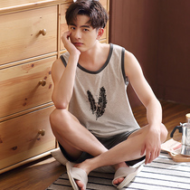 Mens pajamas summer sleeveless shorts cotton plus size home clothes mens summer thin vest youth set