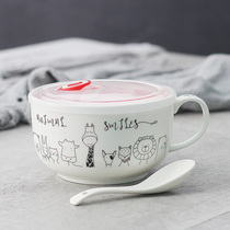 Instant noodle cup with handle and cover Ceramic instant noodle bowl Fresh bowl Bento lunch box Cereal breakfast cup Microwave oven