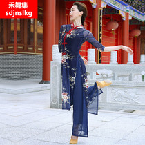 Retro Disc Buckle Printed Qipao Gufeng Dance Suit for the Lifted and Elegant Clothing of China National Dance Clos