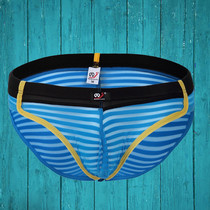 Low-rise young men sexy striped mesh transparent triangle briefs U convex sac bag lace ultra-thin breathable