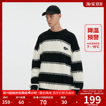 FPA destroys fringed striped sweater Guochao brand round neck loose lazy style couple autumn and winter black knitted sweater men