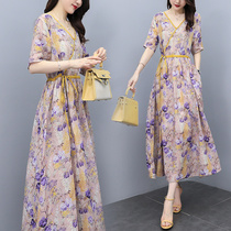 V Collar Short Sleeves Cotton Linen Dress 2022 Summer New Cashew Cashew THIN PRINT LIGHT COOKED TEMPERAMENT LARGE HEM SKIRT LONG SKIRT