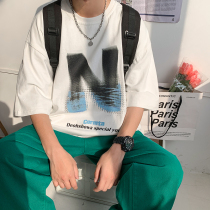 Letter t-shirt mens summer heavy harbor wind and trend short sleeve oversize top tide five-point sleeves