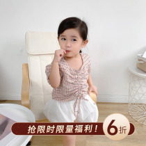 Cookies baby childrens clothing summer new childrens baby girl short sleeve shirt cotton plaid drawstring girl shirt