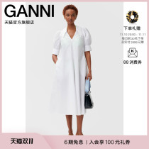 Ganni Womens 2022 New White V-Neck Puff Sleeve Long Cotton Poplin Dress F7127151