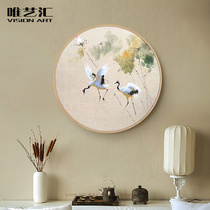 Weiyihui Solid wood decorative painting Round new Chinese animal painting Living room oil painting Entrance mural Study wall hanging painting crane