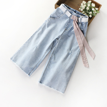Girls wide leg pants summer thin model 2021 New Childrens Big Boy Summer summer loose denim Capri pants thin