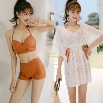 Split swimsuit with steel support small chest gathered flat corner conservative sunscreen blouse Korean fairy fan ins Wind three-piece set