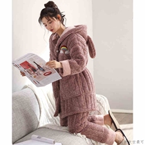 Triple laminated cotton pyjamas woman winter coral suede thickened warm even cap can be worn outside cotton padded jacket autumn and winter