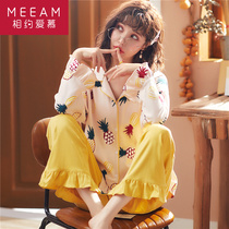  Long-sleeved pajamas womens spring autumn and winter pure cotton silk thin two-piece suit cardigan cute and sweet moon clothes can be worn outside