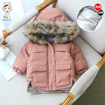 Baby cotton clothing winter coat girls thickened cotton coat medium and long 0-5 years old 3 babies 2 foreign style big hair collar children