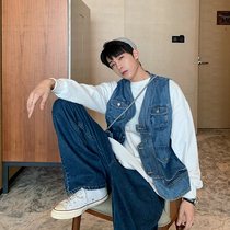 Hualun autumn cardigan V-neck pocket tooling denim vest jacket mens trend loose Korean version wear