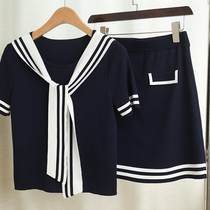 Temperament Accent Full ~ Navy Wind Stripe Lace Short Sleeves Knitted Blouse Half Body Dress Two Suits Women Summer