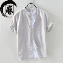 Rich Guido Neckline Linen Shirt Man Short Sleeve Casual Loose Simplicity Approx. 100 Hitch Cotton Linen Half Sleeve Shirt Male Trend
