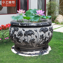 Stone carving fish tank flower pot antique blue stone courtyard round water tank ornaments lotus water scene stone fish tank can be customized