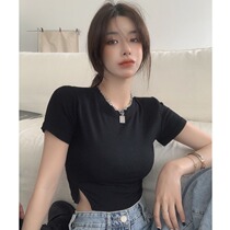 celine pianna black round collar short sleeve T-shirt female summer Han version of the body hitchhiking shorts for bottom blouses