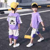 Korean version 100 hitch boy handsome suit 2022 summer new childrens fashion trends casual pure cotton short sleeve t-shirt two-piece set