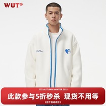 (WUT official shop) sugar-free series silky and comfortable blue side stitching lamb wool coat couple jacket