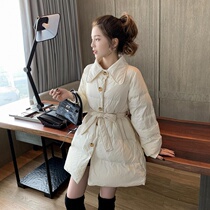 2021 autumn and winter new cotton-padded jacket long cotton-padded jacket waist lace thin solid color ladies bread cotton-padded jacket