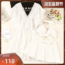 2021 new super fairy net red white split skirt three-piece swimsuit female conservative thin belly cover hot spring swimsuit