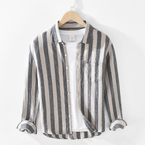 Pure linen long sleeve striped shirt for mens spring fall clothes hemp cloth mens day department cotton linen lining jacket