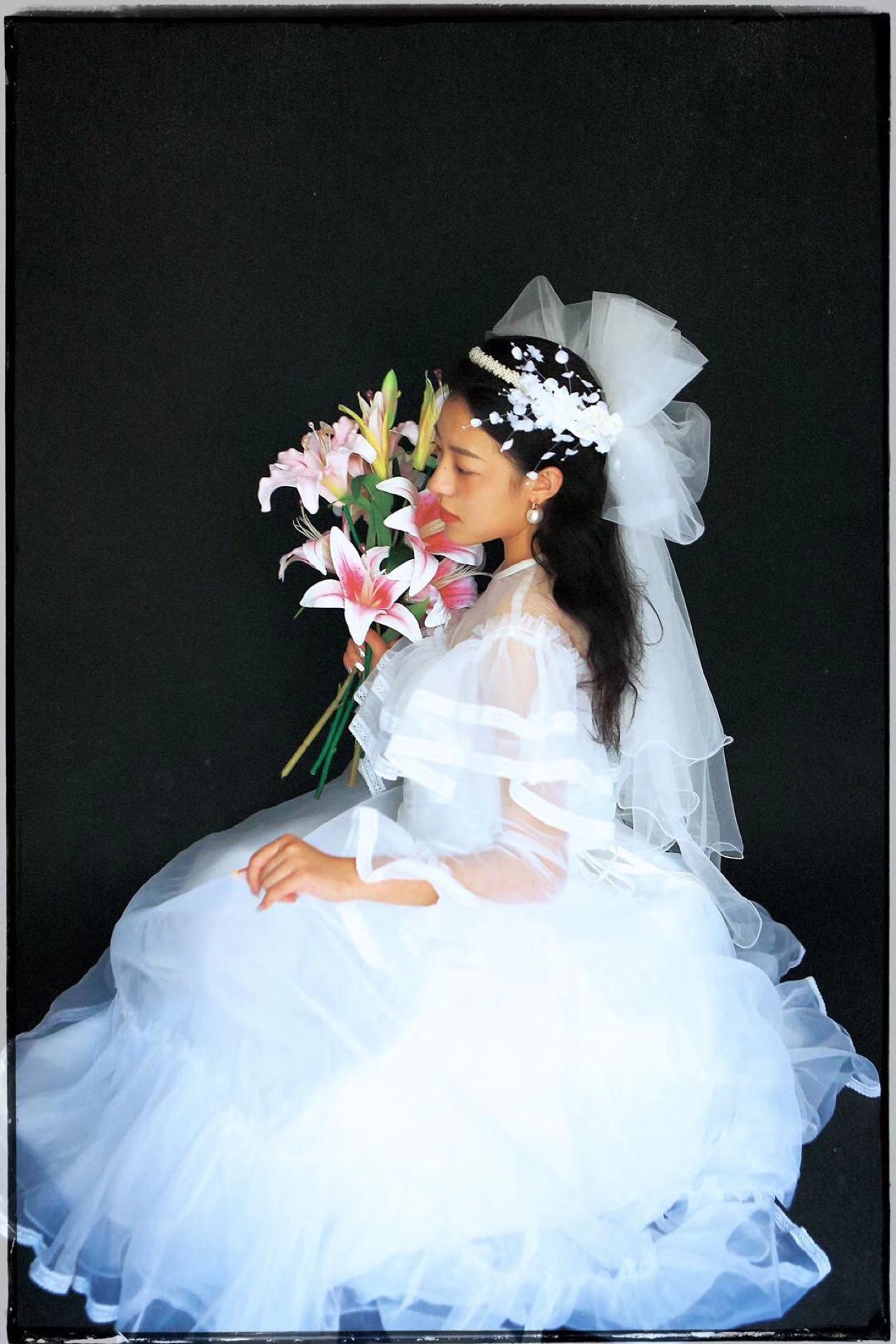 Qinghe hovintage antique head yarn re-carved pearl heavy industry bow net red photo lace head yarn